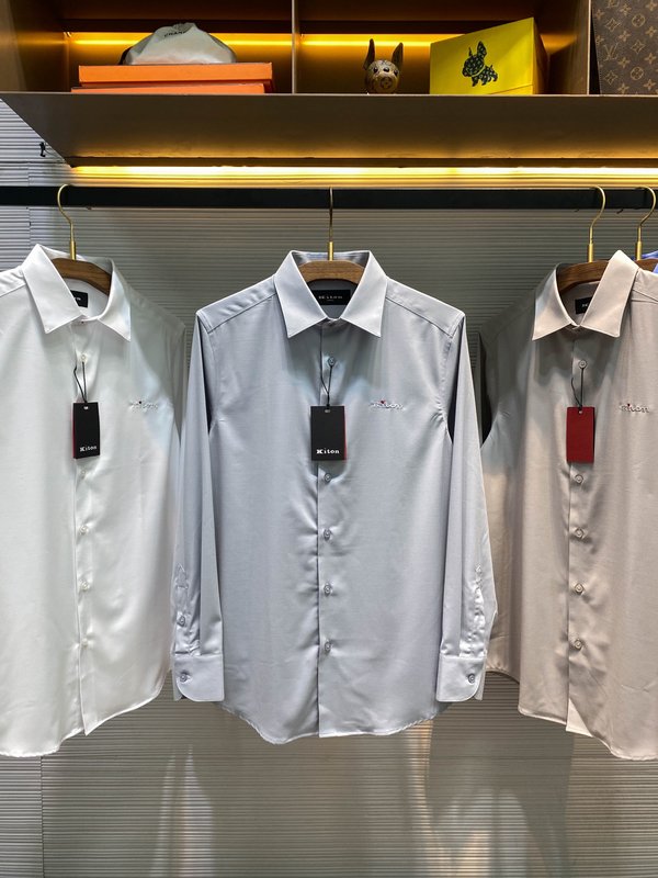 Kiton 남성 면 소재 자수 칼라 긴팔 셔츠 001-173951
