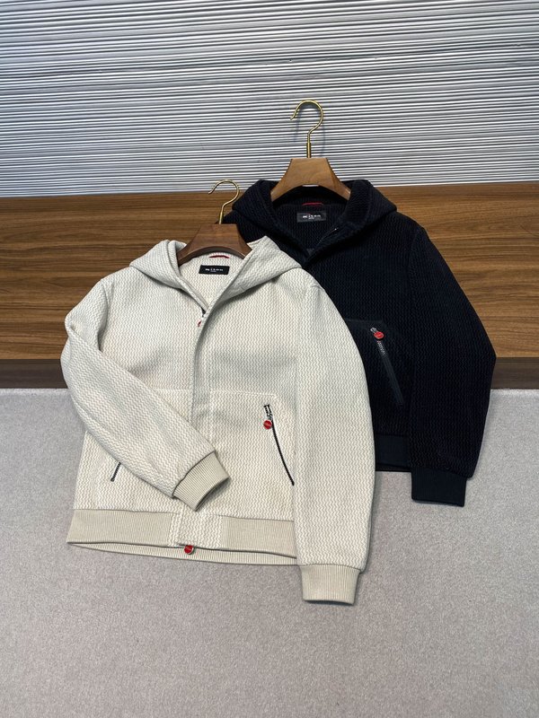 Kiton 가을 겨울 웨이브 텍스처 울 후드 자켓 001-174039