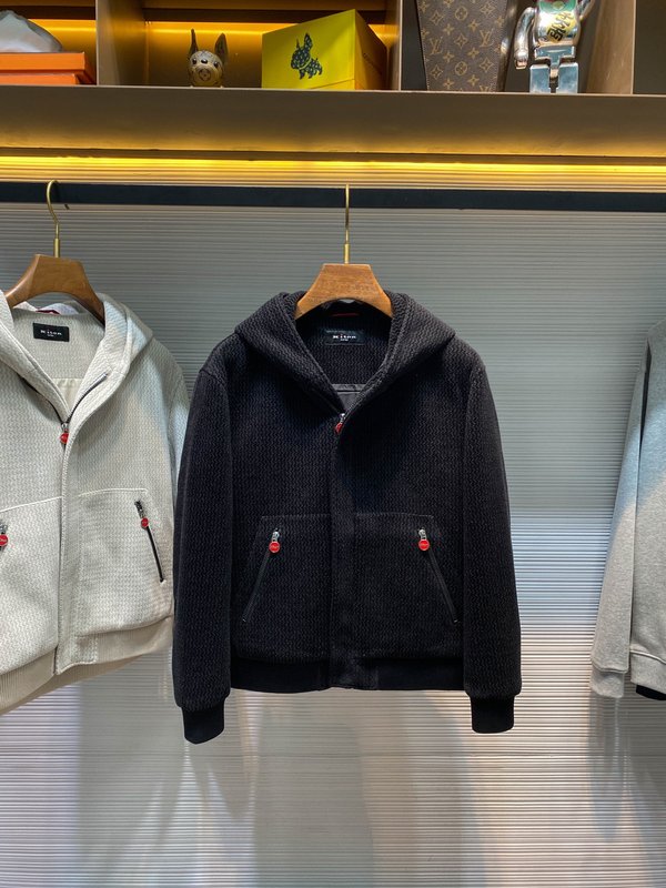 Kiton 가을 겨울 웨이브 텍스처 울 후드 자켓 001-174039