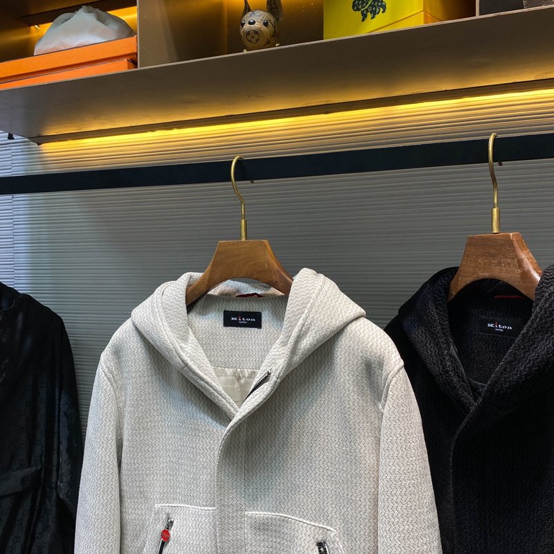 Kiton 가을 겨울 웨이브 텍스처 울 후드 자켓 001-174039