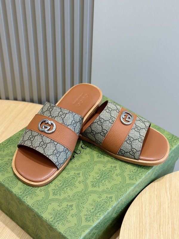 Gucci Lido 남성 더블 G 레더 슬리퍼 001-180242