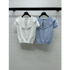 미우미우 인조가죽 칼라 니트 반팔 티셔츠 001-182628