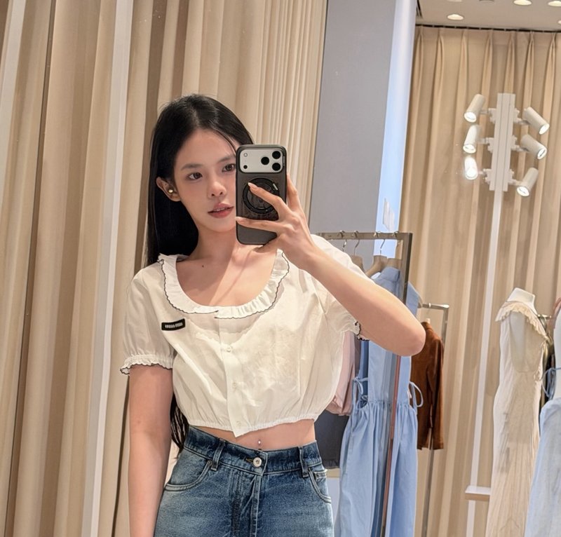 미우미우 스타일 레이스 짧은 흰 셔츠 001-182635