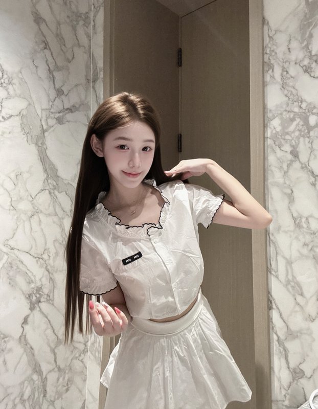 미우미우 스타일 레이스 짧은 흰 셔츠 001-182635