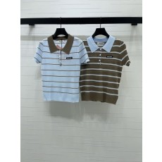 미우미우 칼라 스트라이프 니트 반팔 티셔츠 001-182711