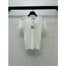 미우미우 V 넥 니트 반팔 티셔츠 001-182820