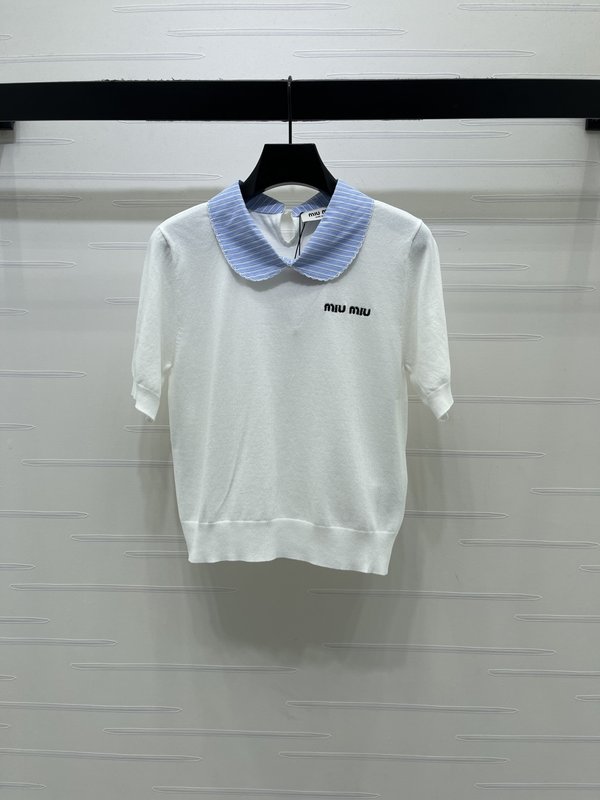 미우미우 인형 칼라 스트라이프 니트 반팔 티셔츠 001-182884