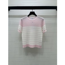 샤넬 컬러 블록 스트라이프 니트 반팔 티셔츠 001-183015