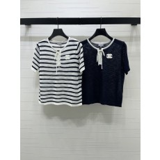 샤넬 스트라이프 반팔 티셔츠 라운드넥 리본 001-183231