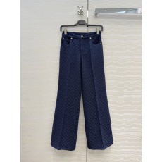 네이비 블루 모노그램 자수 데님 스트레이트 팬츠 001-183411