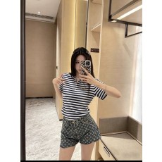 루이비통 블루 화이트 스트라이프 헨리넥 반팔 티셔츠 001-183495