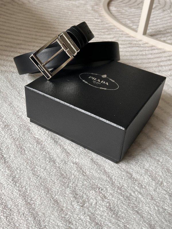 프라다 남성용 양면 블랙 가죽 벨트 3.4cm 폭 001-192791