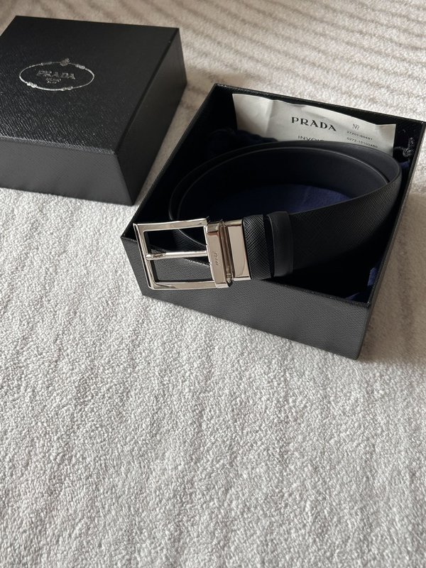 프라다 남성용 양면 블랙 가죽 벨트 3.4cm 폭 001-192791