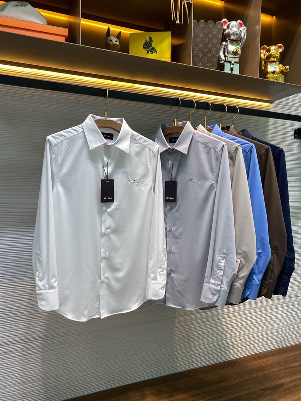 Kiton 남성 면 소재 자수 칼라 긴팔 셔츠 001-202360