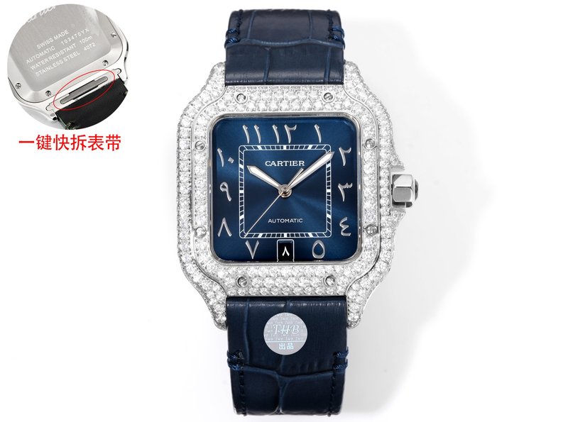 까르띠에 산토스 중동판 가죽 스트랩 풀 다이아몬드 시계 001-212676