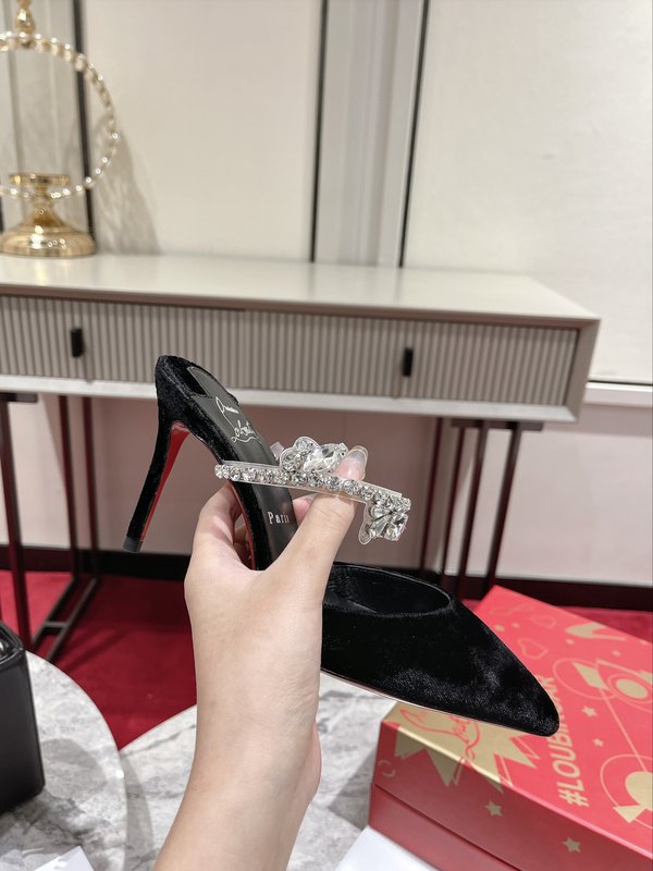 체인 장식 투명 스트랩 뾰족한 코 힐 뮬 001-214581