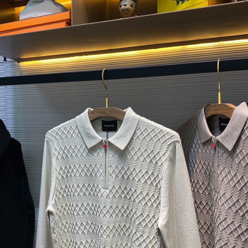 Kiton 남성 울 텐셀 혼방 니트 폴로 셔츠 001-216039