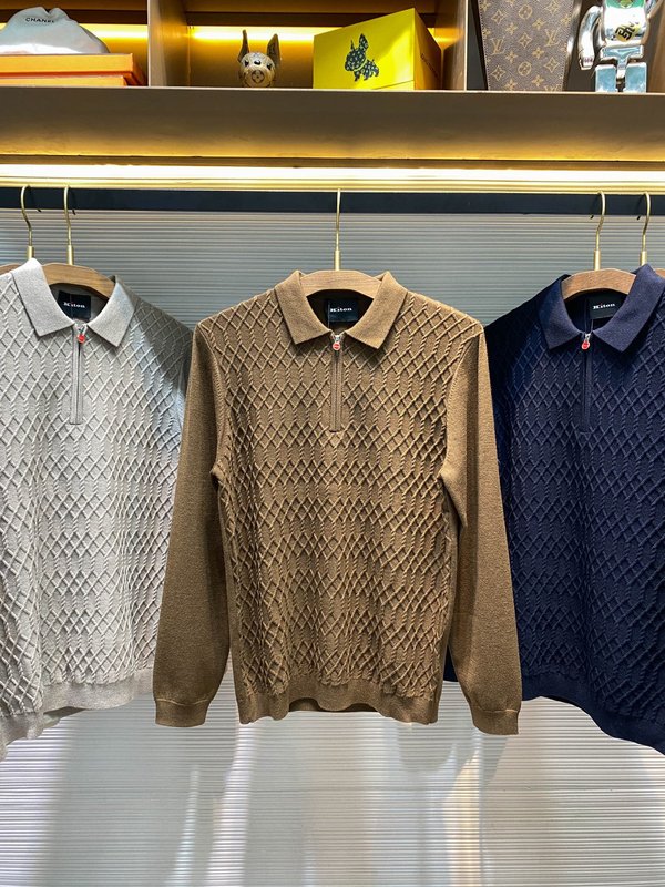 Kiton 남성 울 텐셀 혼방 니트 폴로 셔츠 001-216039