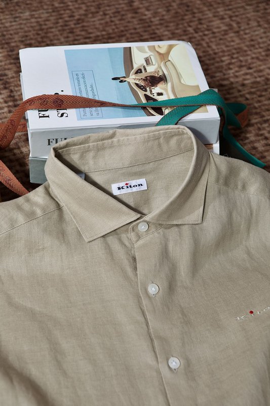 Kiton 자수 포인트 리넨 긴팔 셔츠 001-216047