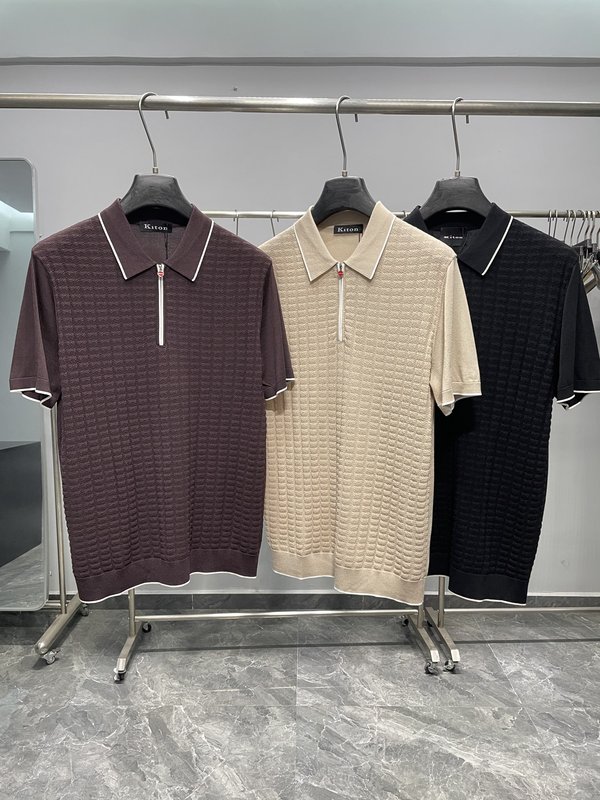 Kiton 남성 컬러 블록 스트라이프 니트 반팔 폴로 001-216147