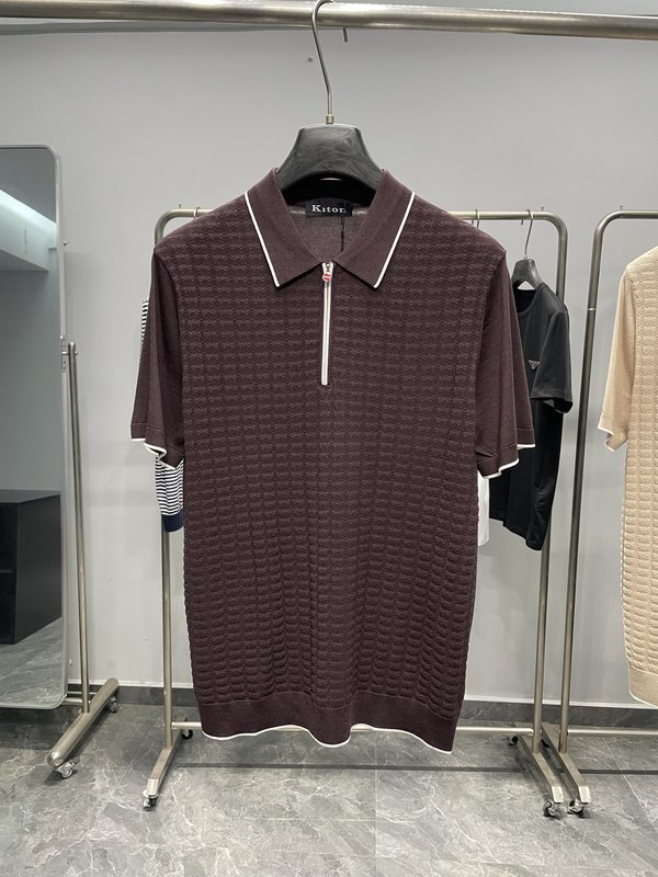Kiton 남성 컬러 블록 스트라이프 니트 반팔 폴로 001-216147