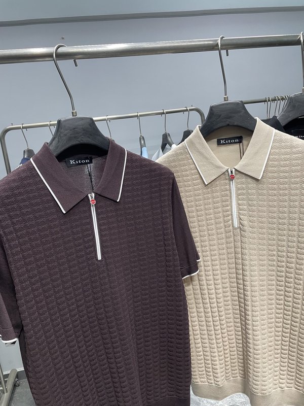 Kiton 남성 컬러 블록 스트라이프 니트 반팔 폴로 001-216147