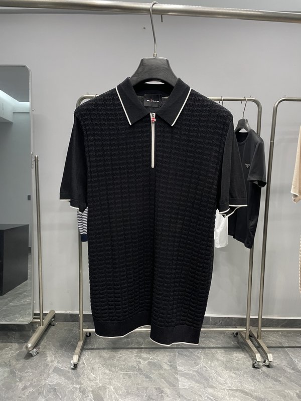 Kiton 남성 컬러 블록 스트라이프 니트 반팔 폴로 001-216147