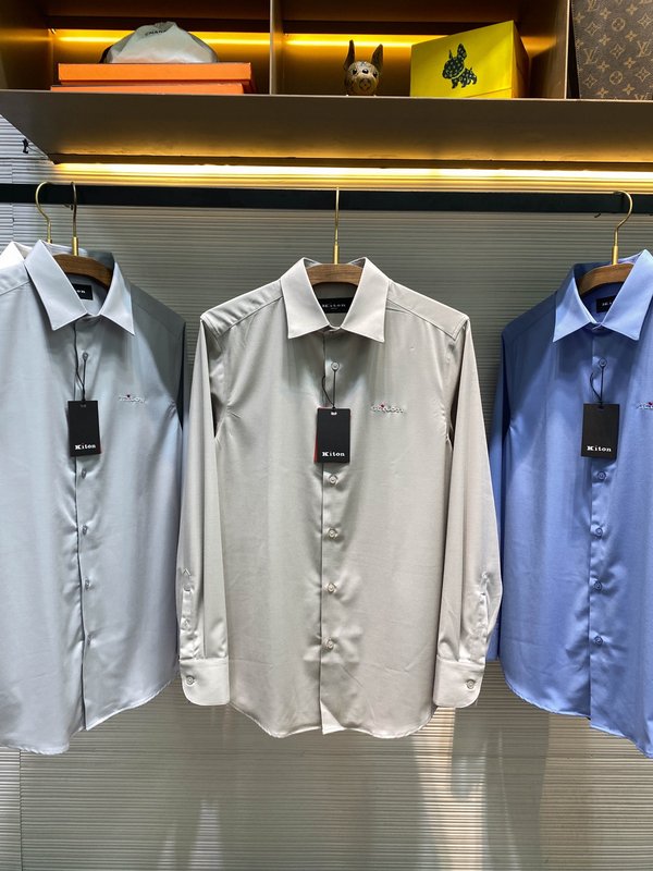 Kiton 남성 면 소재 자수 칼라 긴팔 셔츠 001-216171