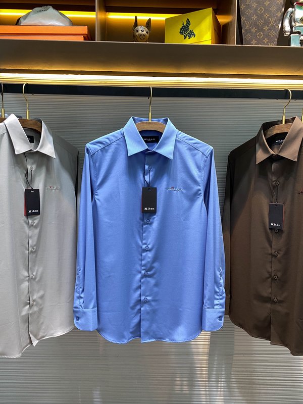 Kiton 남성 면 소재 자수 칼라 긴팔 셔츠 001-216171
