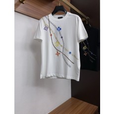 루이비통 남성 순면 핸드페인팅 로고 라운드넥 반팔 티셔 001-216338