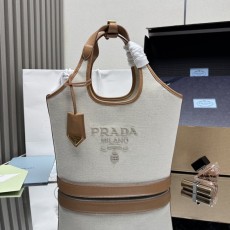프라다 리넨 캔버스 컬러 포인트 가죽 토트백 001-222388