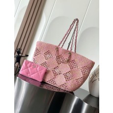 샤넬 핑크색 오픈워크 라피아 비치백 001-222814