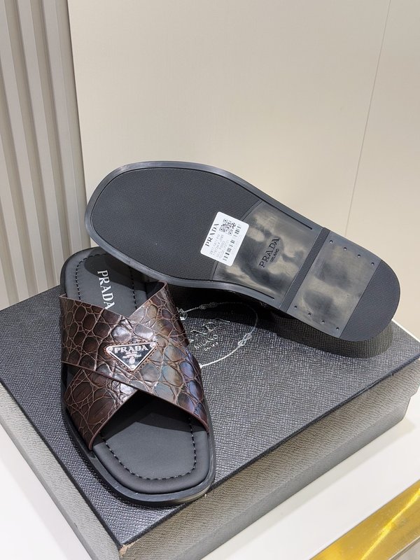 Prada 더블 스트랩 가죽 남성 슬리퍼 001-227279