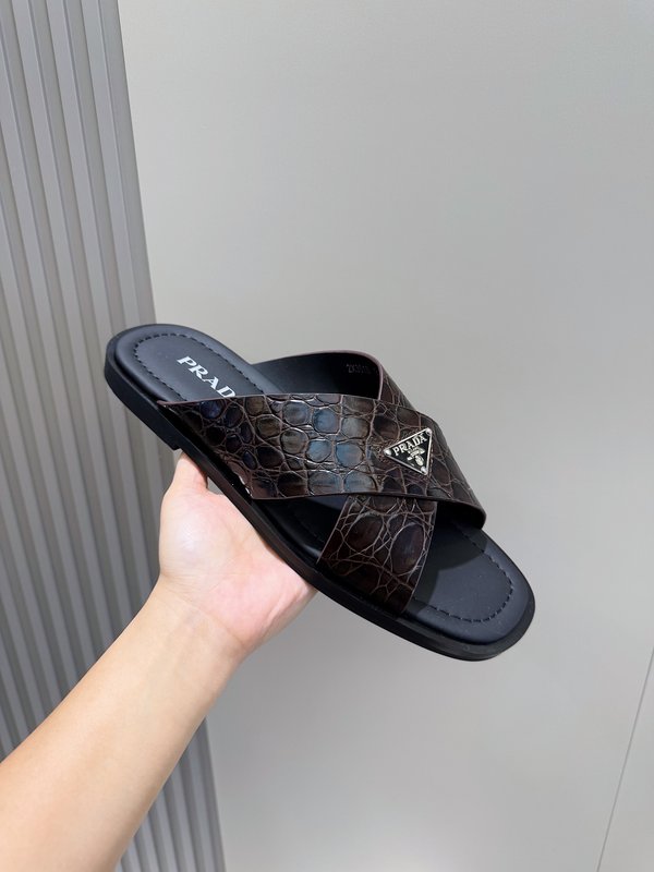 Prada 더블 스트랩 가죽 남성 슬리퍼 001-227279
