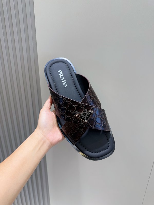 Prada 더블 스트랩 가죽 남성 슬리퍼 001-227279