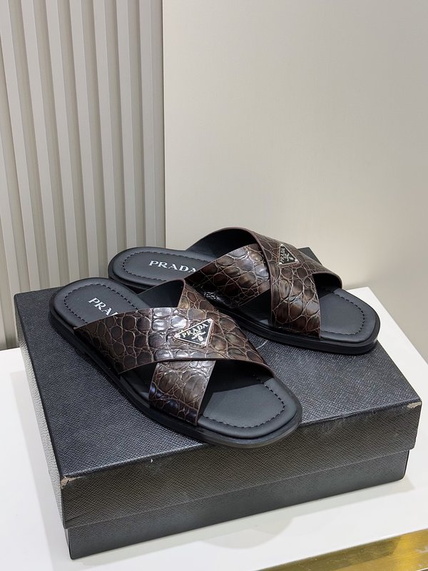 Prada 더블 스트랩 가죽 남성 슬리퍼 001-227279