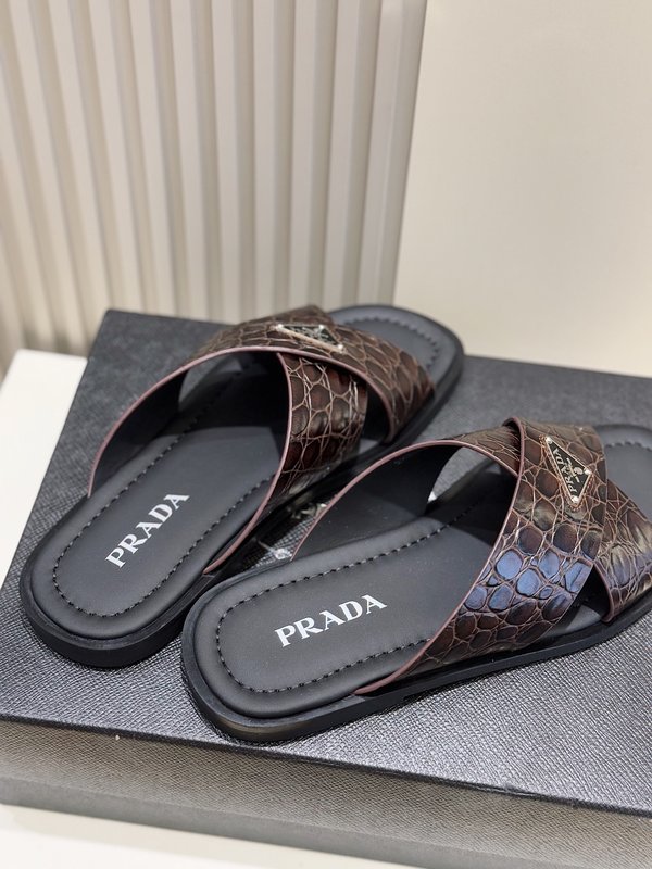 Prada 더블 스트랩 가죽 남성 슬리퍼 001-227279