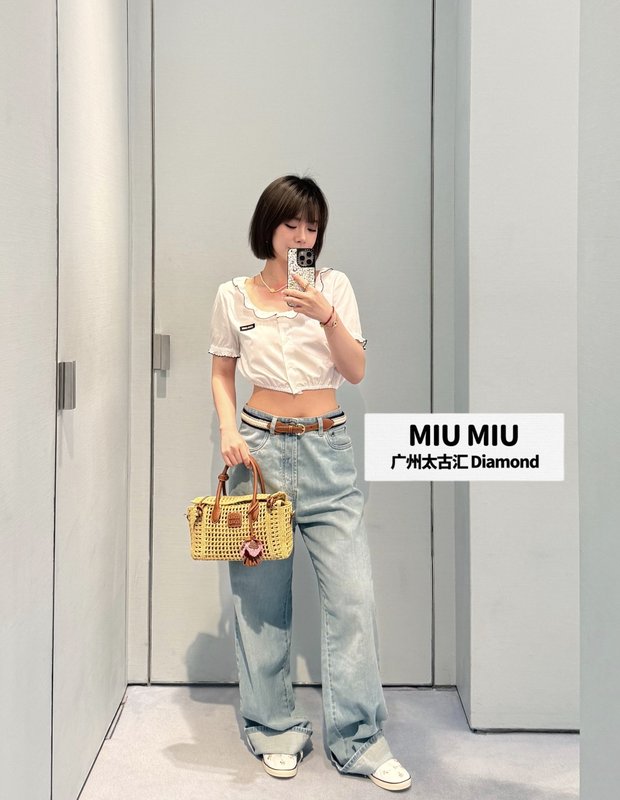 미우미우 스타일 레이스 짧은 흰 셔츠 001-232203