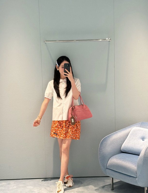 미우미우 스타일 오렌지 플라워 A 라인 미니 스커트 001-232227
