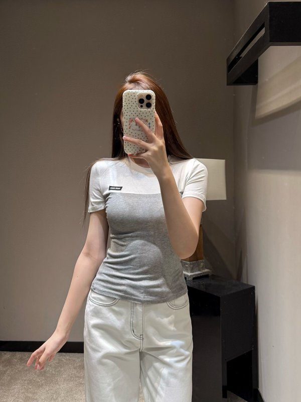 미우미우 스타일 컬러 블록 슬림 반팔 티셔츠 001-232308