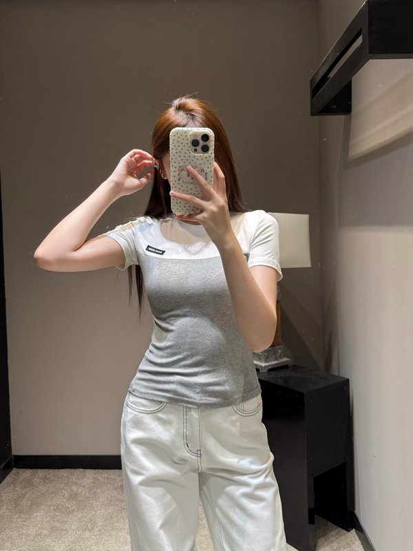 미우미우 스타일 컬러 블록 슬림 반팔 티셔츠 001-232308