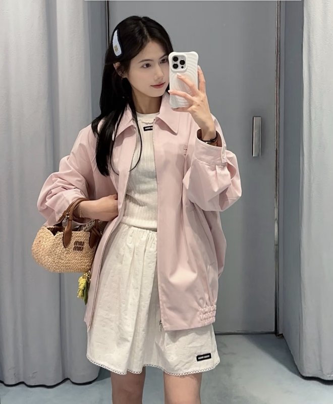 연한 파란색 플립 칼라 지퍼 재킷 001-232357