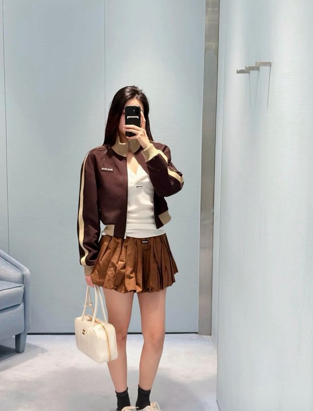 미우미우 여름 브라운 버블 플리츠 미니스커트 001-232397