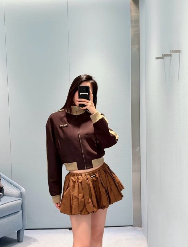 미우미우 여름 브라운 버블 플리츠 미니스커트 001-232397