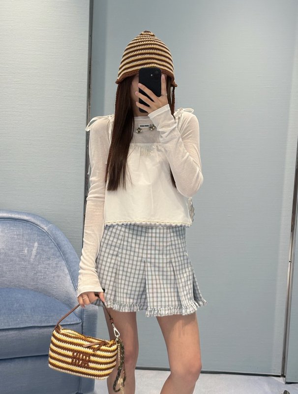 미우미우 체크 무늬 러플 플리츠 스커트 001-232427