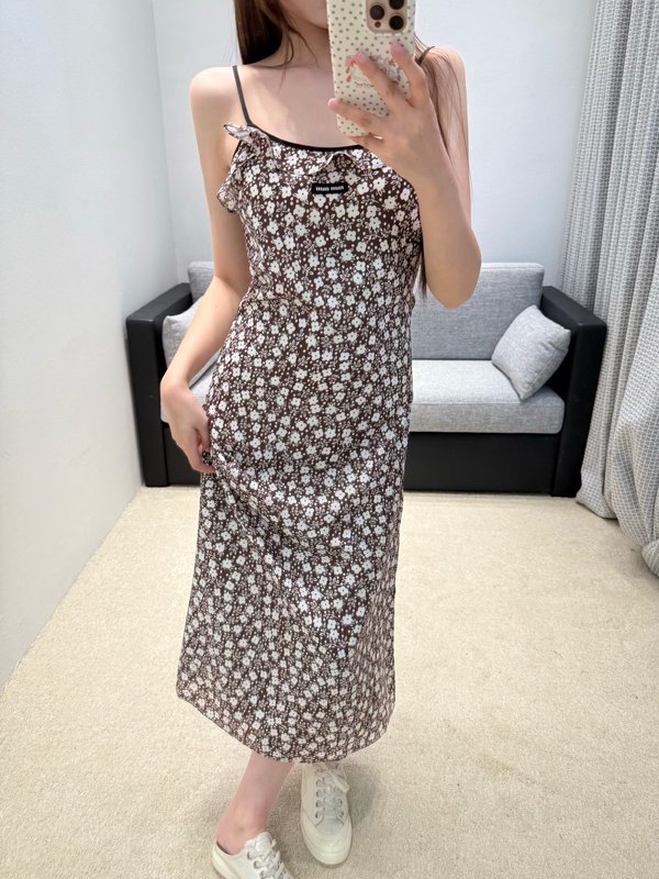 미우미우 브라운 플라워 패턴 슬림 원피스 001-232488