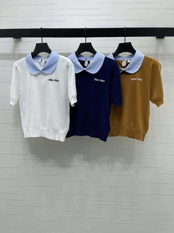 미우미우 인형 칼라 스트라이프 니트 반팔 티셔츠 001-232516