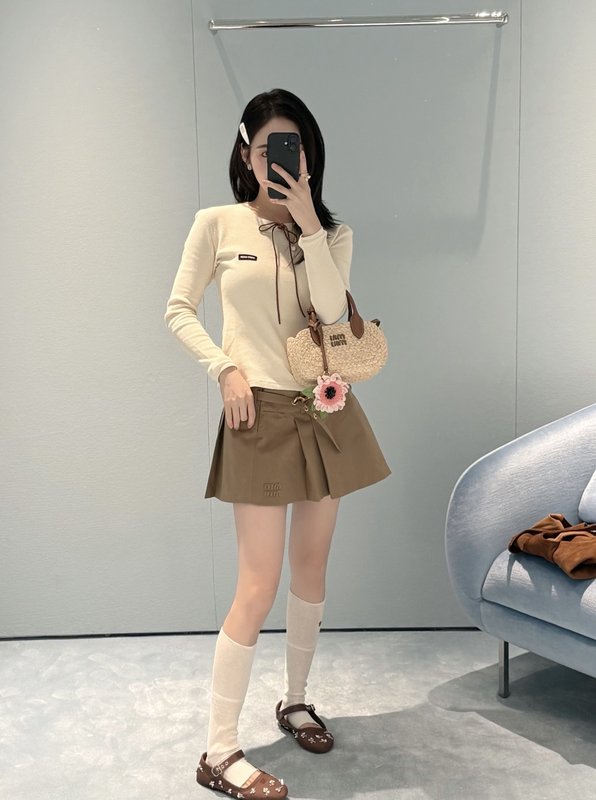 미우미우 스타일 카멜 브라운 플리츠 스커트 001-232520