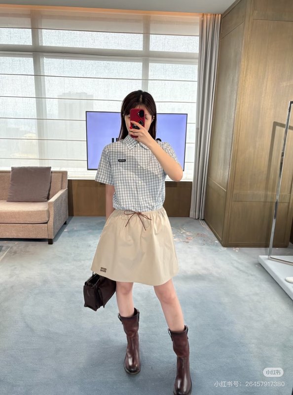 미우미우 연두색 체크 반팔 셔츠 001-232553