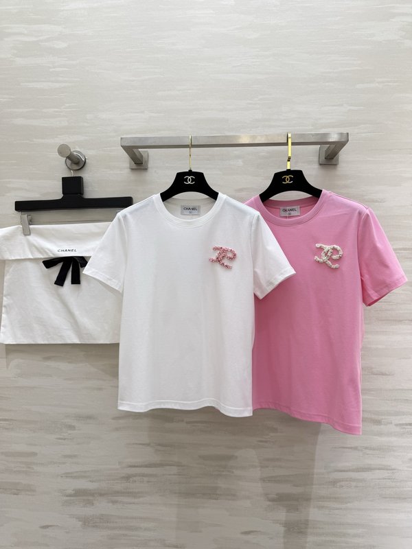 샤넬 진주 장식 반팔 티셔츠 001-232820